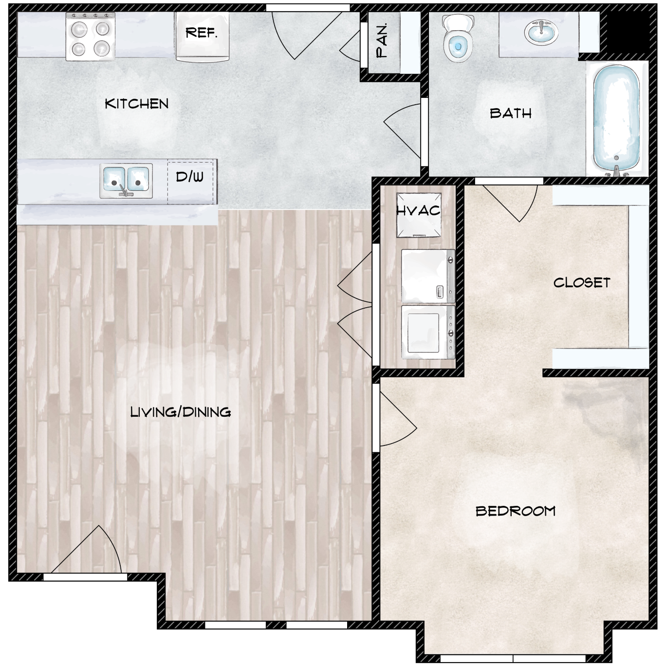 Floor plan for 1 bed, 1 bath, 730 sqft